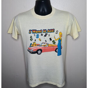 Vintage 90s I Want It All Adult Small T-shirt Thin Yellow Tee Jerzees 1990